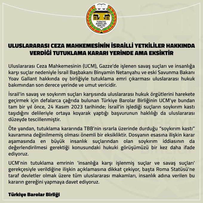 Türkiye Barolar Birliği: “Uluslararası Ceza Mahkemesi’nin Tutuklama Kararı Yerinde Ama Eksiktir”