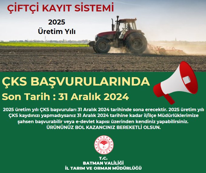 2025 Üretim Yılı ÇKS Başvuruları için son tarih 31 Aralık
