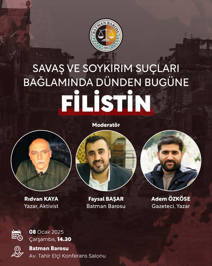 Batman Barosu, “Dünden Bugüne Filistin” konulu panel düzenliyor