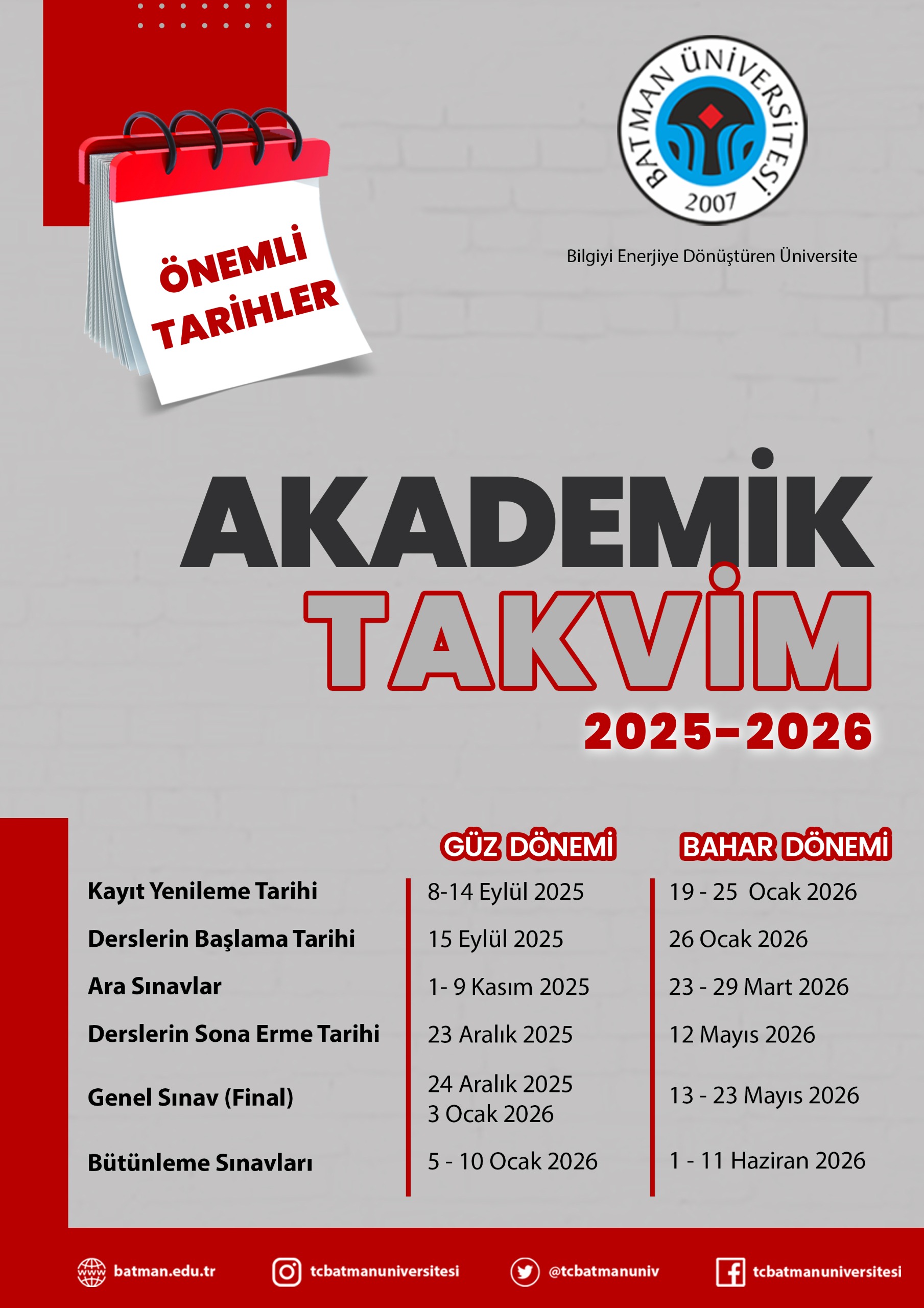 Batman Üniversitesinde 2025-2026 Eğitim-Öğretim Yılı Akademik Takvimi Açıklandı