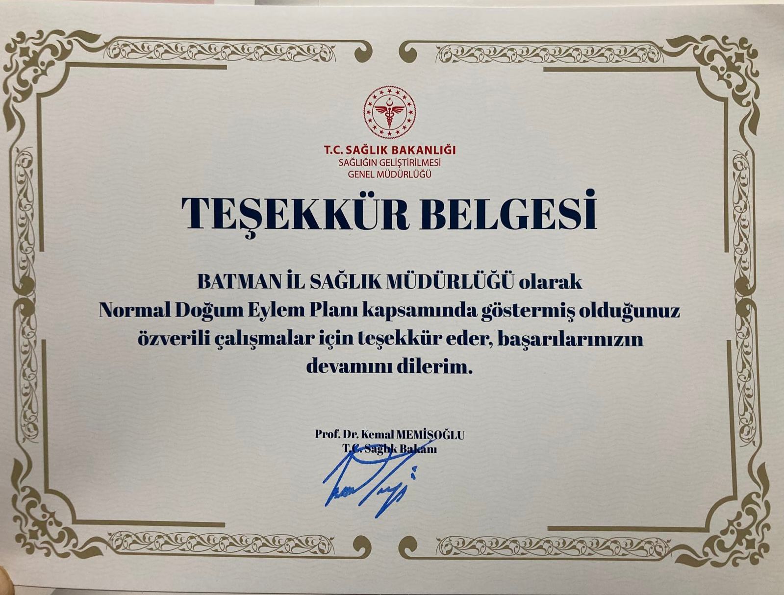 Sağlık Bakanlığından Batman İl Sağlık Müdürlüğü’ne Teşekkür Belgesi
