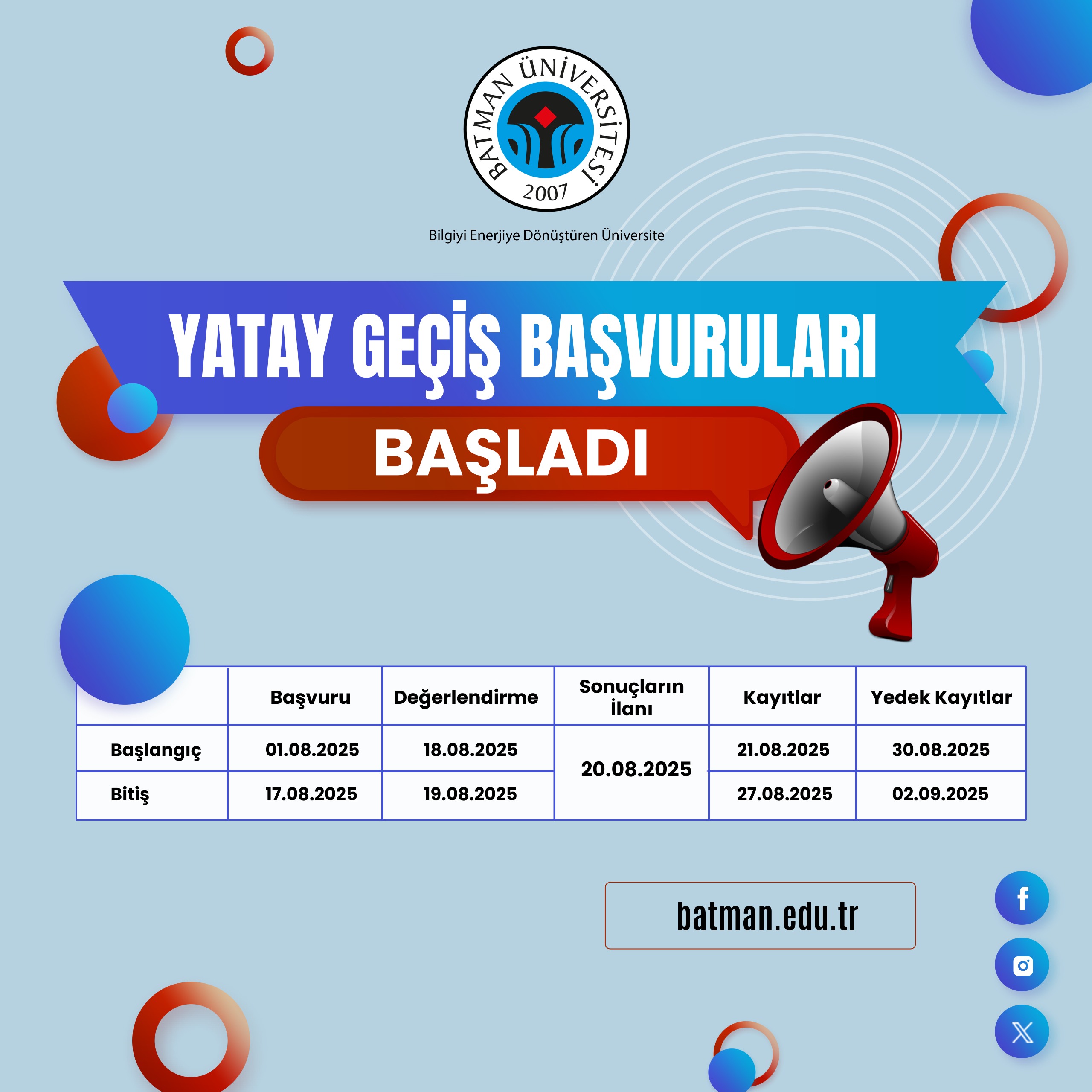 Batman Üniversitesinde Yatay Geçiş Başvuruları başladı