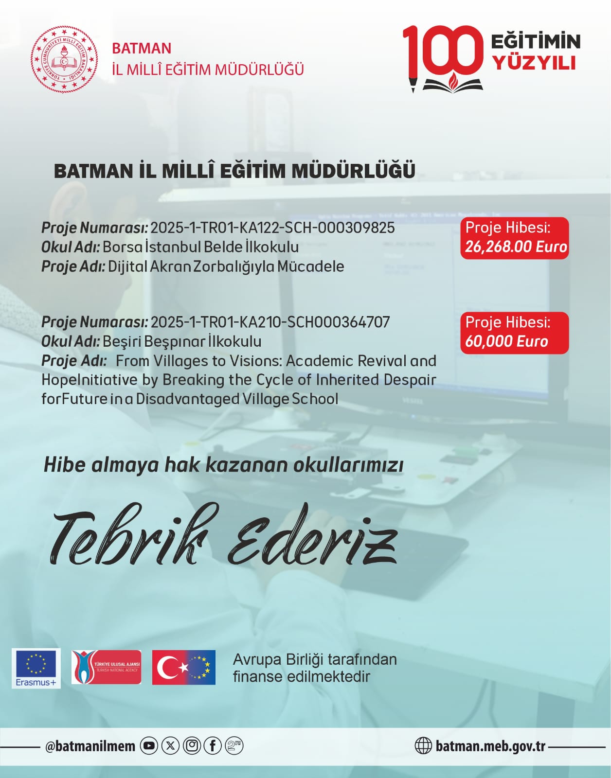 Batman’da iki okul Erasmus’tan hibe kazandı