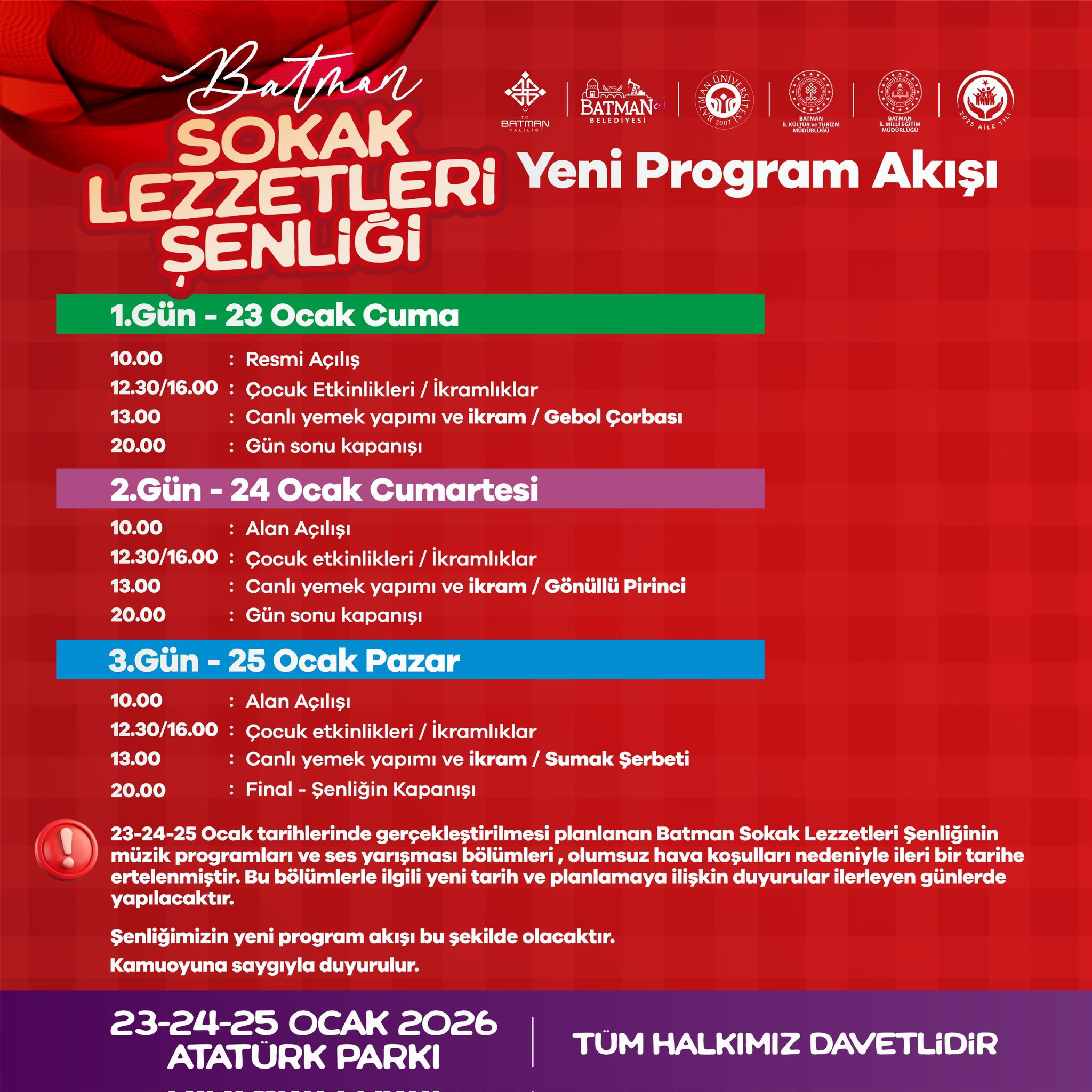 Batman Sokak Lezzetleri Şenliği’nde Program Değişikliği