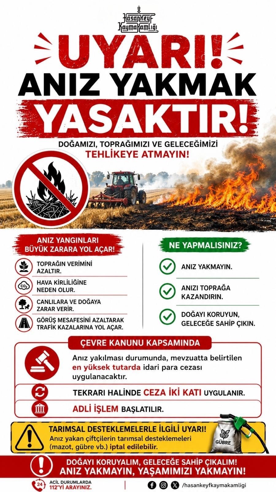 Hasankeyf Kaymakamlığı’ndan Anız Yakma Uyarısı